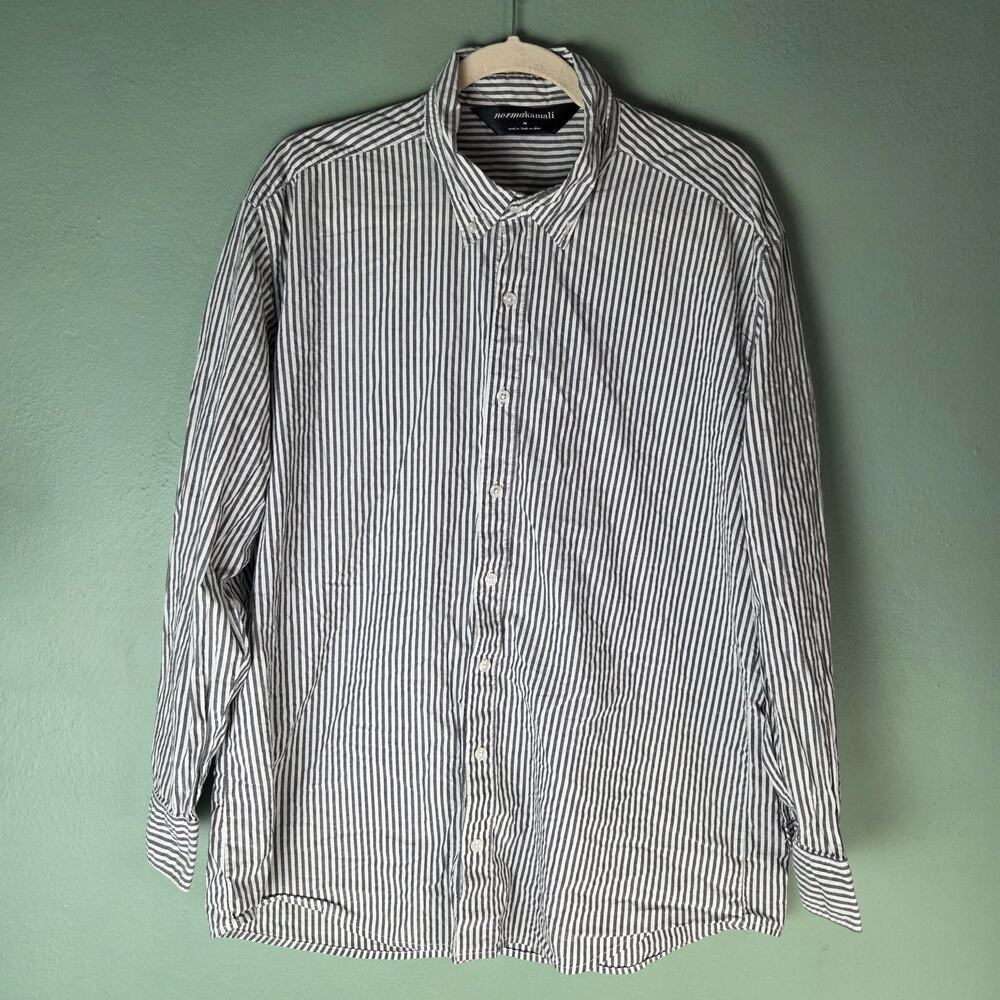 Norma Kamali Womens Medium Gray White Striped Button Down Long Sleeve Shirt